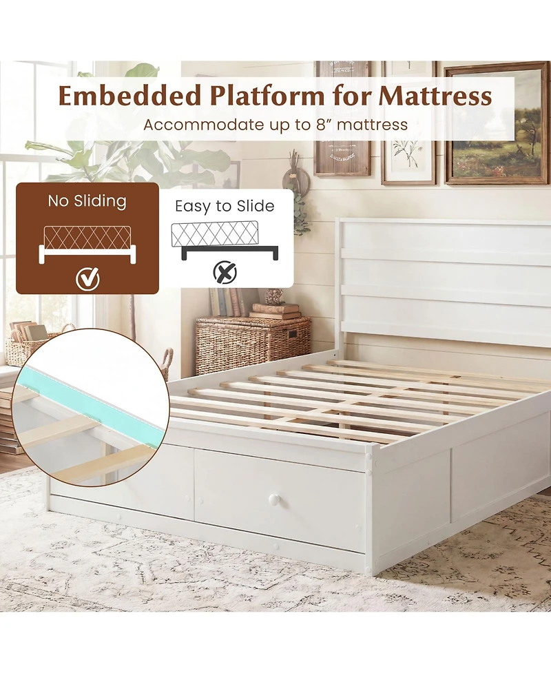Gymax Full Bed Frame w/Storage Drawers Headboard Wooden Slat Support