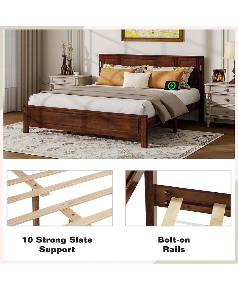 Streamdale Furniture King Led Usb Pinewood Bed w/ Tall Headboard/Footboard