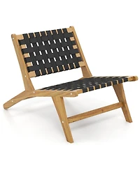Gymax Teak Wooden Chair w/ Woven Webbing Seat and Backrest for Patio Mid Century Modern
