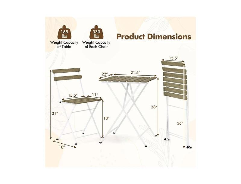 Lucky One 3 Piece Patio Acacia Wood Bistro Set Folding Chairs Slatted Tabletop