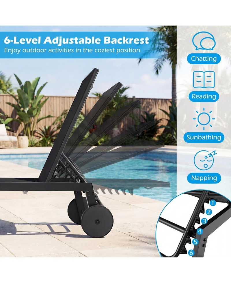 Gouun Set of 2 Patio Lounge Chairs with Wheels and 6-Level Adjustable Backrest