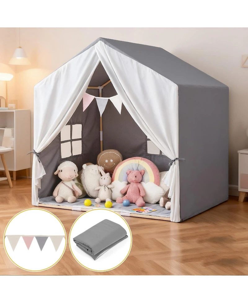 Slickblue Grey Kids Indoor Play Tent with Soft Cotton Mat and Flag Banner