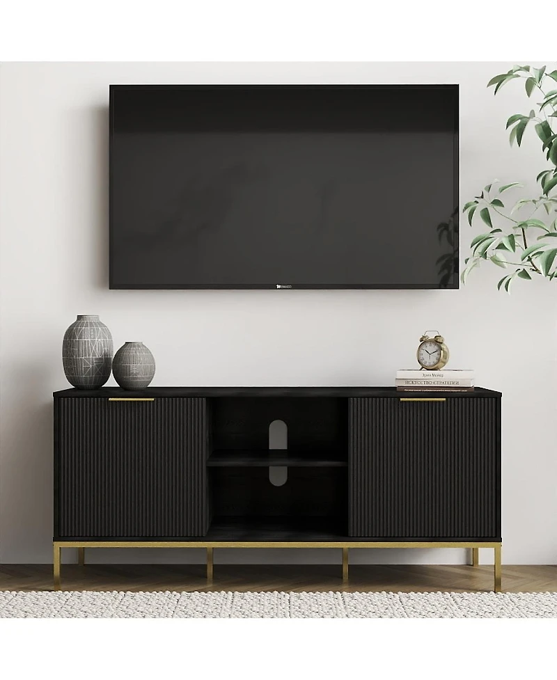 Streamdale Furniture Modern Tv Stand with Wave Doors and Gold Accents