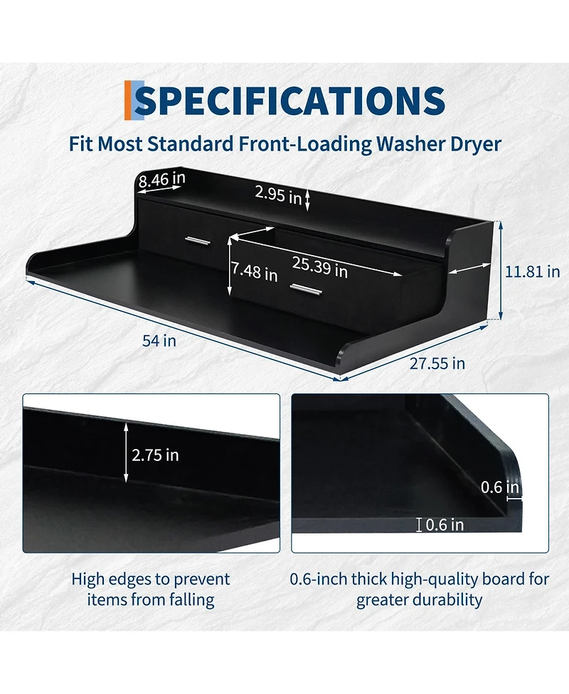 Homfan Space-Saving Laundry Countertop Shelf - 54'' Organizer Rack with 2 Storage Drawers, Edge Rails