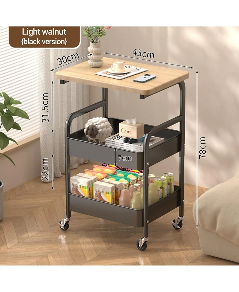 Homfan Sturdy 3-Tier Metal Utility Cart with Wooden Tabletop - Lockable Wheels, Multipurpose Storage Shelf