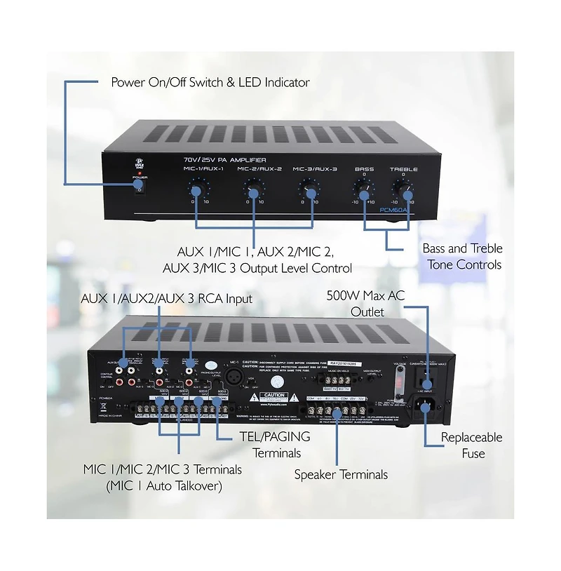 Pyle 100W Bluetooth Power Amplifier with On/Off Switch and Led Indicator PCM60A - 25V/70V Output