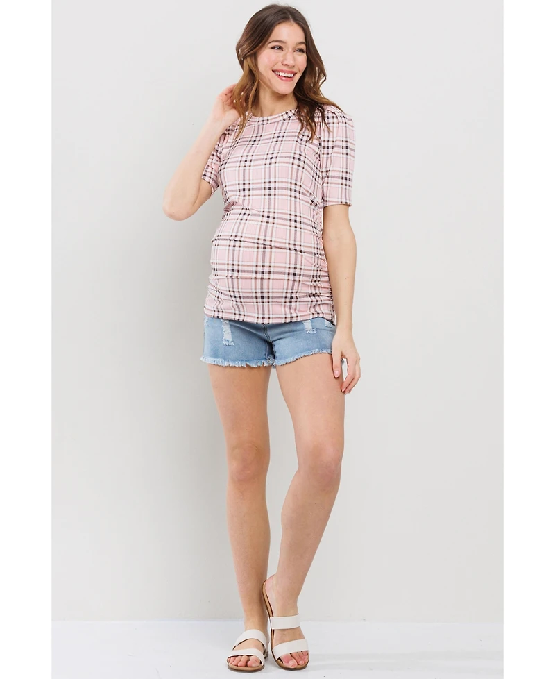 Hello Miz Maternity Plaid Ruched Puff Sleeve Fitted Top