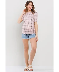 Hello Miz Maternity Plaid Ruched Puff Sleeve Fitted Top