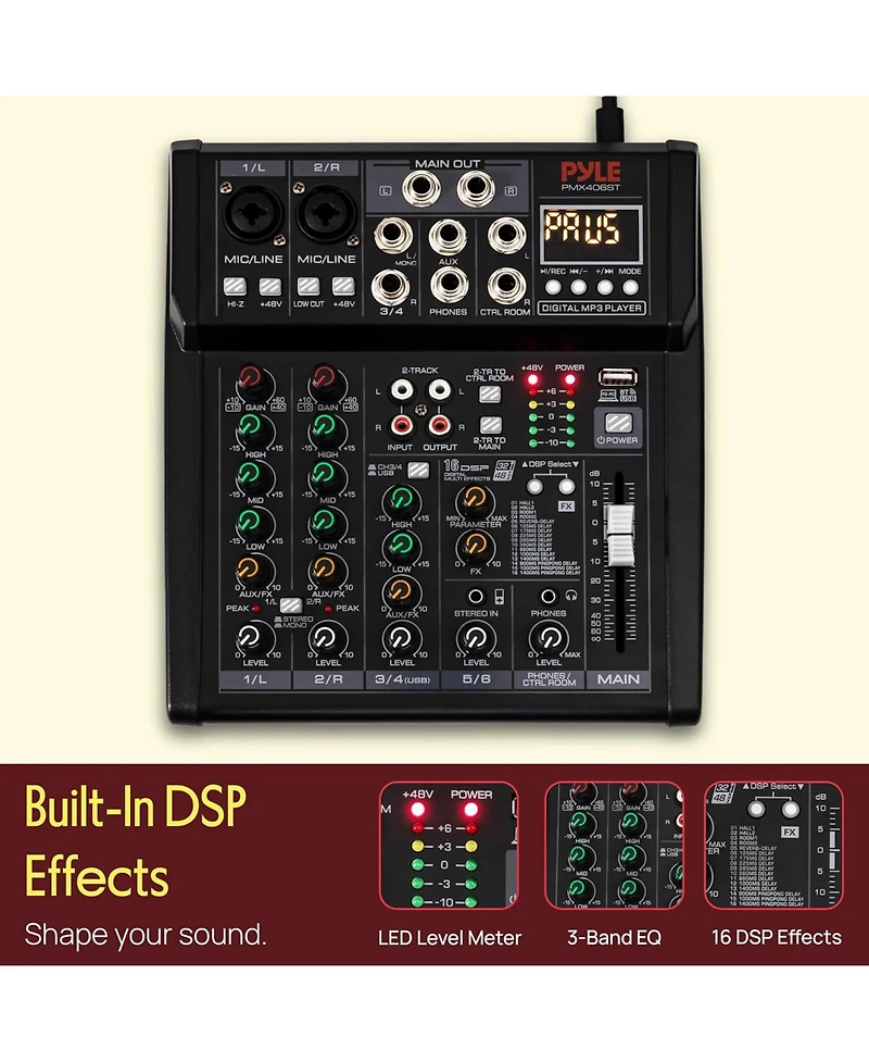 Pyle 6-Channel Bluetooth Studio Mixer with Dsp Effects