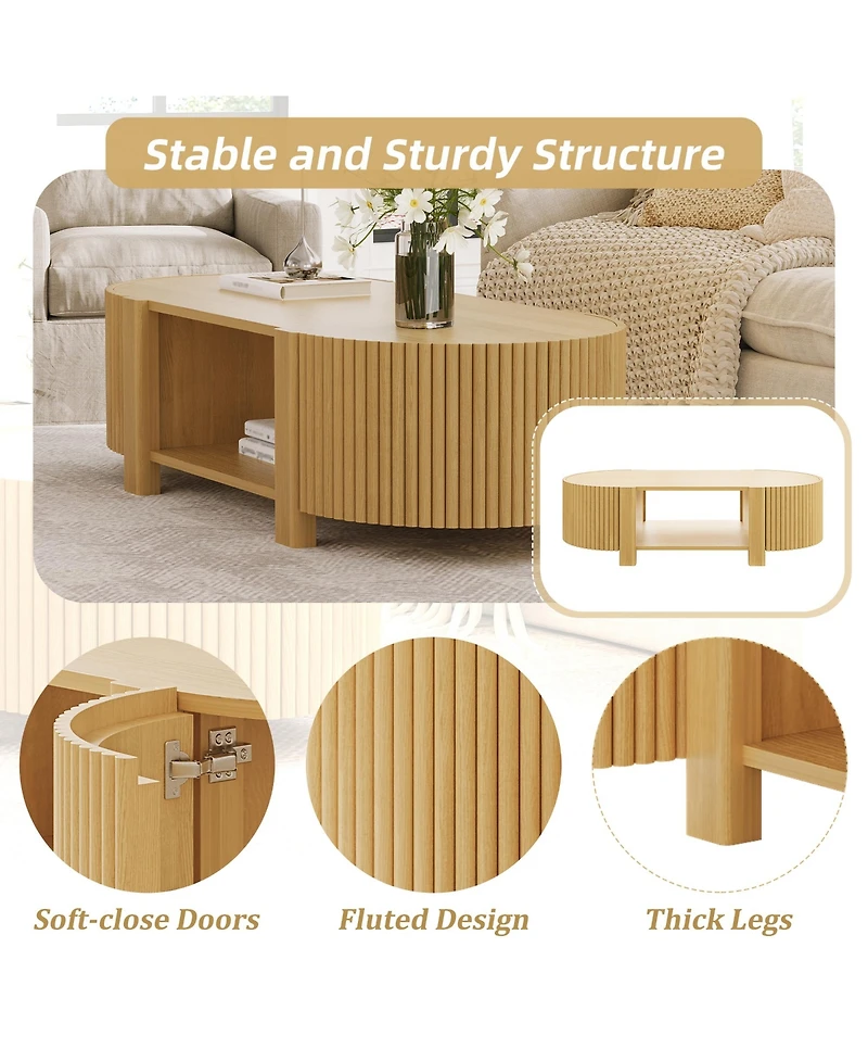 Rainsken 47" Fluted Oval Center Table, Mid Century Modern Coffee Table with Storage Shelves and 2 Open Doors for Home Living Room