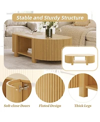 Rainsken 47" Fluted Oval Center Table, Mid Century Modern Coffee Table with Storage Shelves and 2 Open Doors for Home Living Room