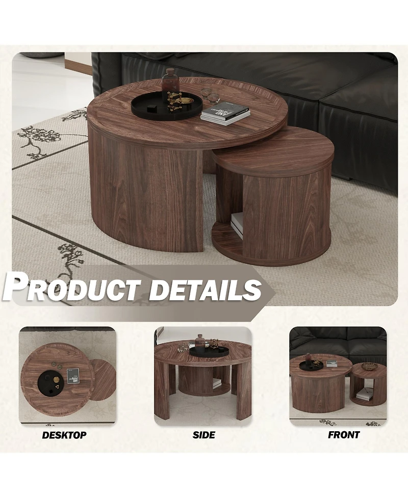 Rainsken Modern Circular Nesting Coffee Table Set of 2, 31.5" Main Table and 18" Stackable Side Table, Wooden Round Center Table for Living Room