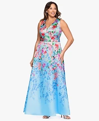 Betsy & Adam Plus Floral Print V-Neck Sleeveless Gown