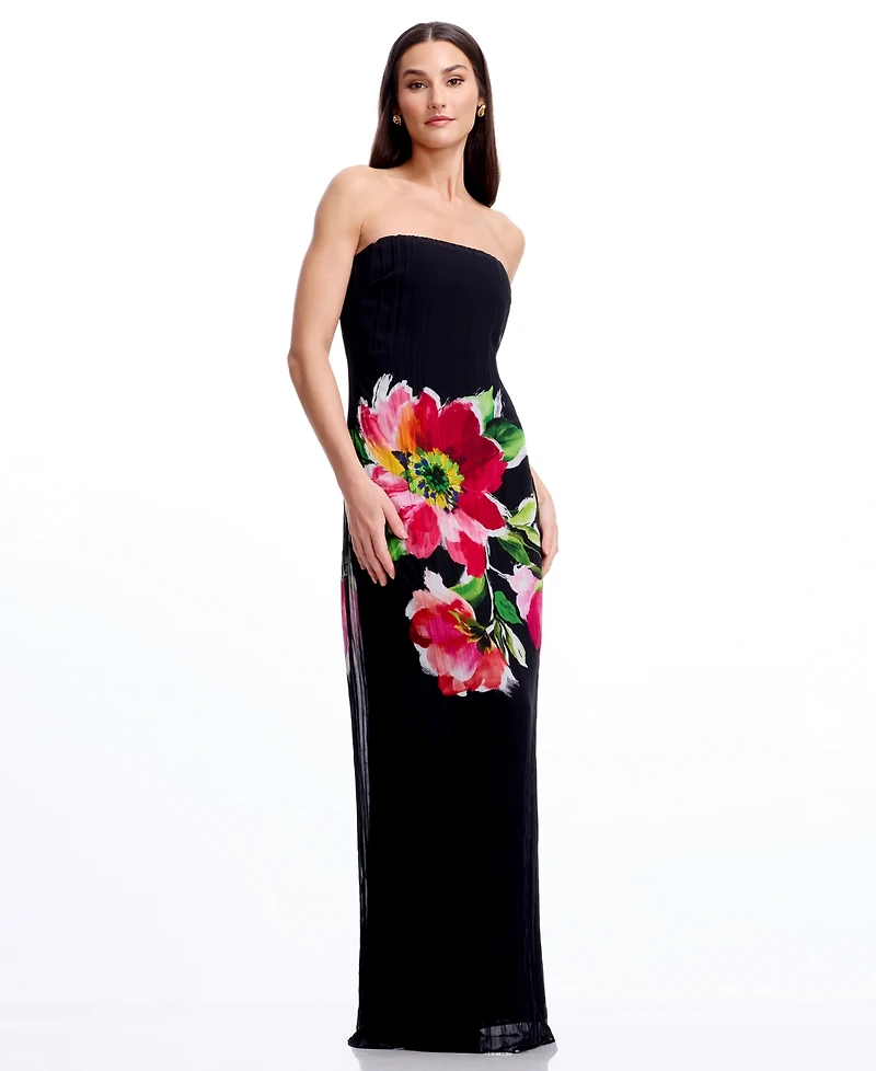 Dress the Population Women's Floral Print Strapless Long Gown