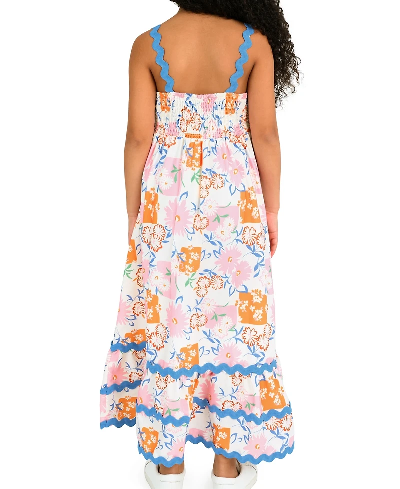 Rare Editions Girls' 7-16 Sateen Tropical Ric Rac Strap Bodice Dress