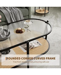 gaomon 2 Tier Rattan Oval Coffee Table with Tempered Glass Top, Boho Farmhouse Metal Tea Table with Storage Shelf Decor