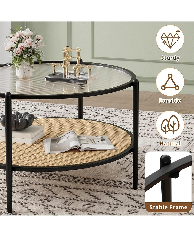 gaomon Round Coffee Table, 2-Tier Tea Table with Rattan Storage Shelf and Metal Frame, Tempered Glass Tabletop, Boho Cocktail Tables