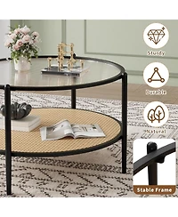 gaomon Round Coffee Table, 2-Tier Tea Table with Rattan Storage Shelf and Metal Frame, Tempered Glass Tabletop, Boho Cocktail Tables