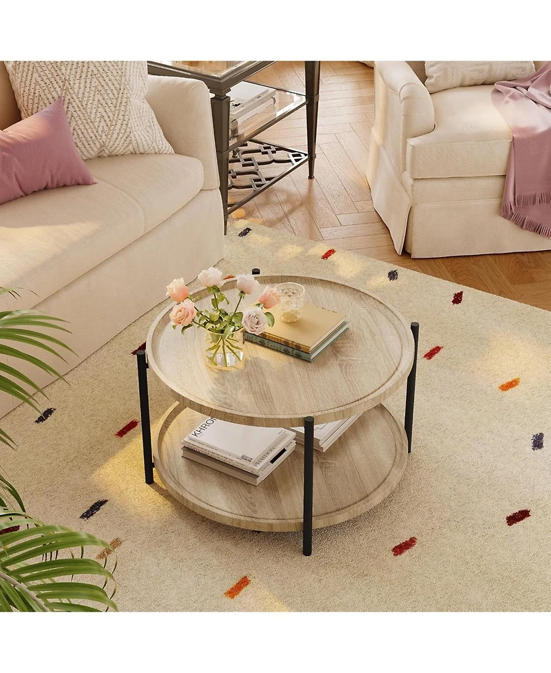 gaomon Wooden Round Coffee Table for Living Room, Wood Desktop and Sturdy Metal Legs, 2 Tier Circle Coffee Table