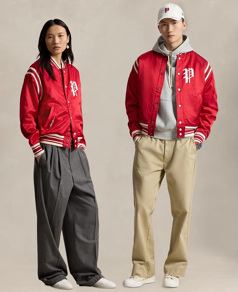 Polo Ralph Lauren Unisex Striped Ribbed Baseball Collar Logo Patch Jacket