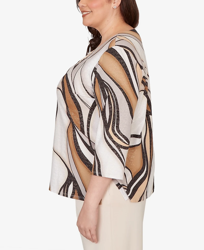 Alfred Dunner Plus Seville Abstract Print Pleated Crewneck Top