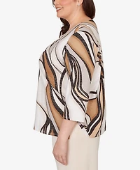 Alfred Dunner Plus Seville Abstract Print Pleated Crewneck Top