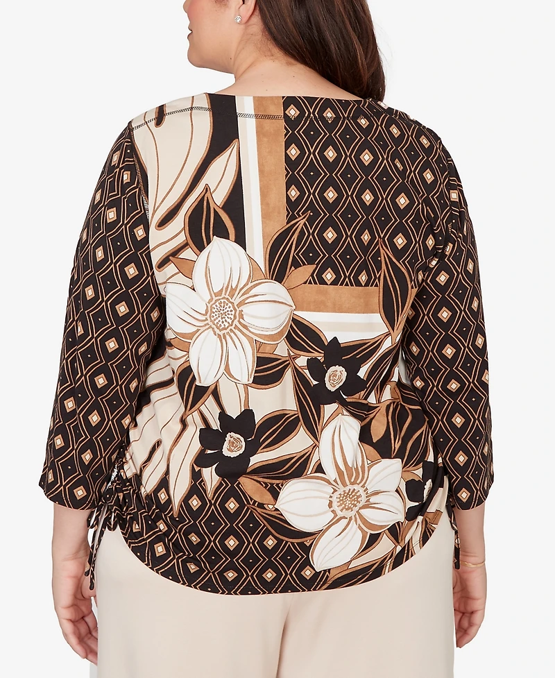 Alfred Dunner Plus Seville Floral Geometric Patchwork Side Tie Top