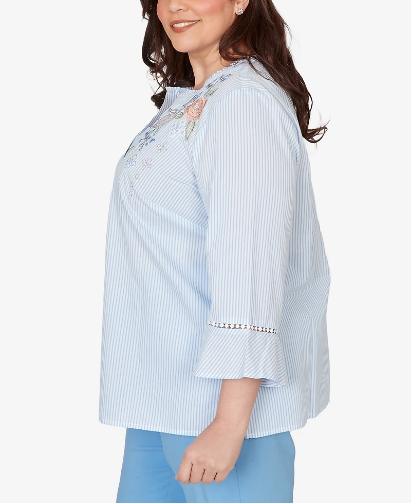 Alfred Dunner Plus St. Augustine Striped Floral Embroidered Button Down Top