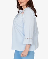 Alfred Dunner Plus St. Augustine Striped Floral Embroidered Button Down Top