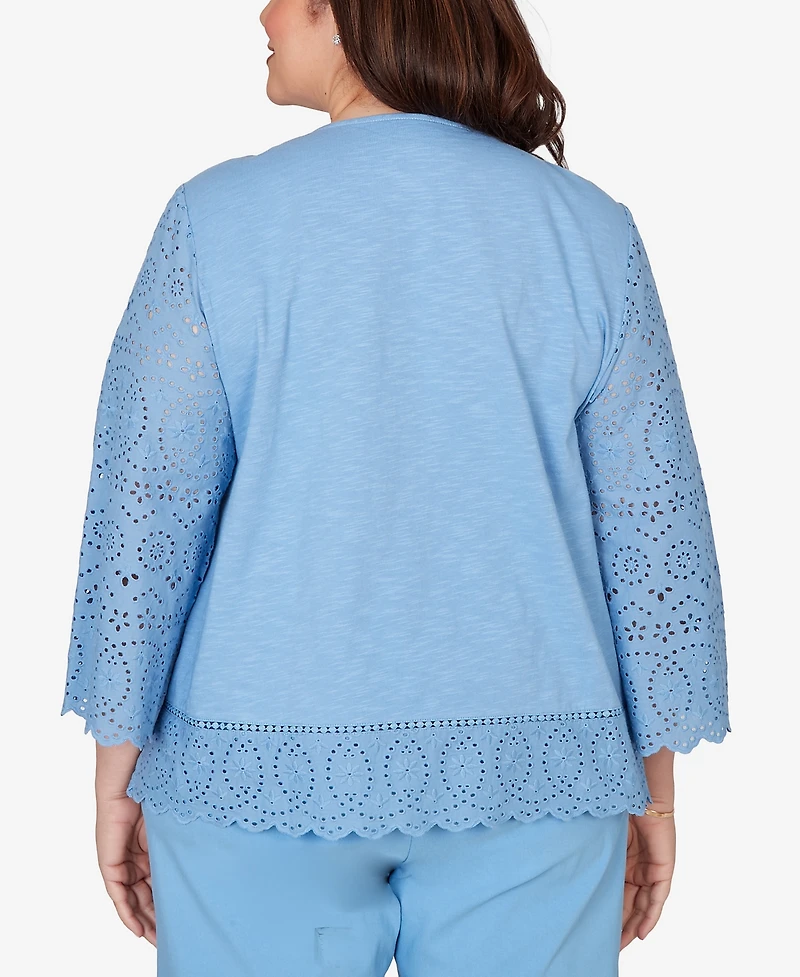 Alfred Dunner Plus St. Augustine Solid Eyelet Trim Top with Necklace