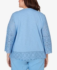 Alfred Dunner Plus St. Augustine Solid Eyelet Trim Top with Necklace