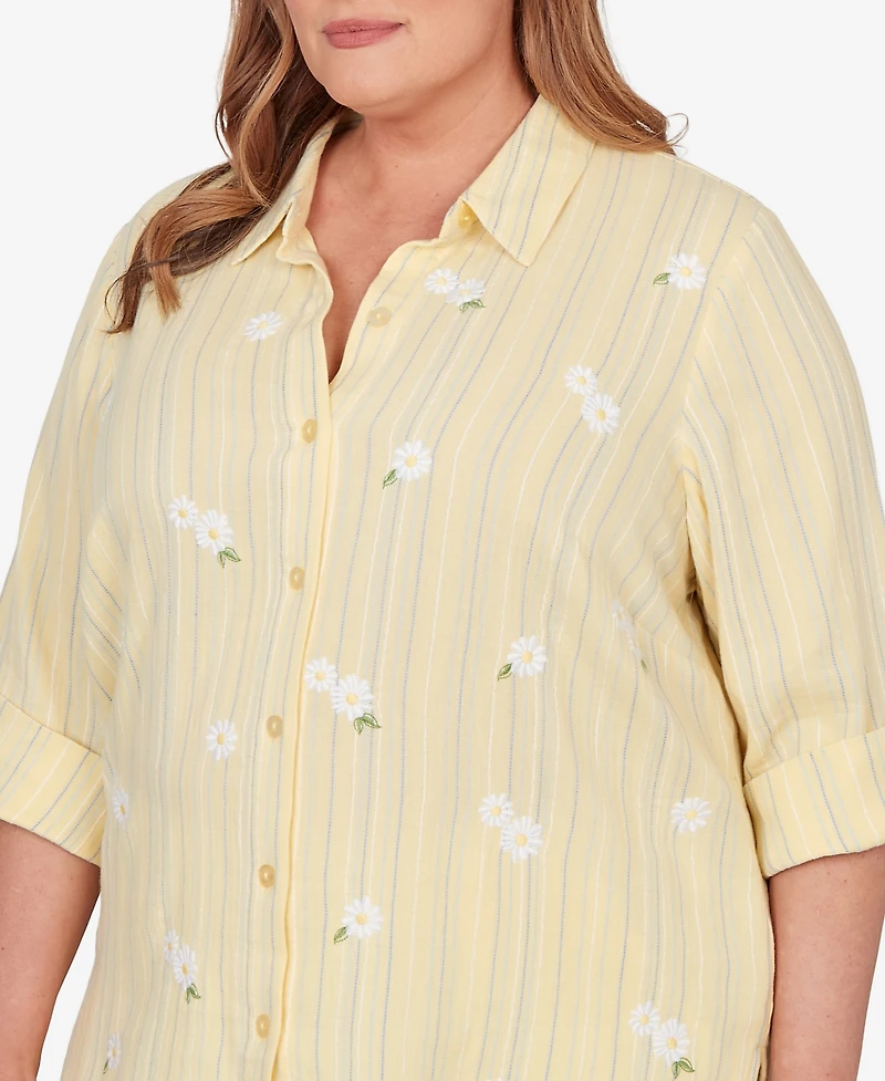 Alfred Dunner Plus Out of the Blue Embroidered Daisy Stripes Button Front Top
