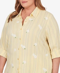 Alfred Dunner Plus Out of the Blue Embroidered Daisy Stripes Button Front Top
