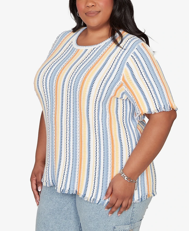 Alfred Dunner Plus Out of the Blue Textured Fringe Stripe T-Shirt