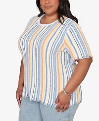Alfred Dunner Plus Out of the Blue Textured Fringe Stripe T-Shirt