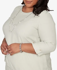 Alfred Dunner Plus Vintage Charm Diagonal Spliced Detailed Top with Necklace