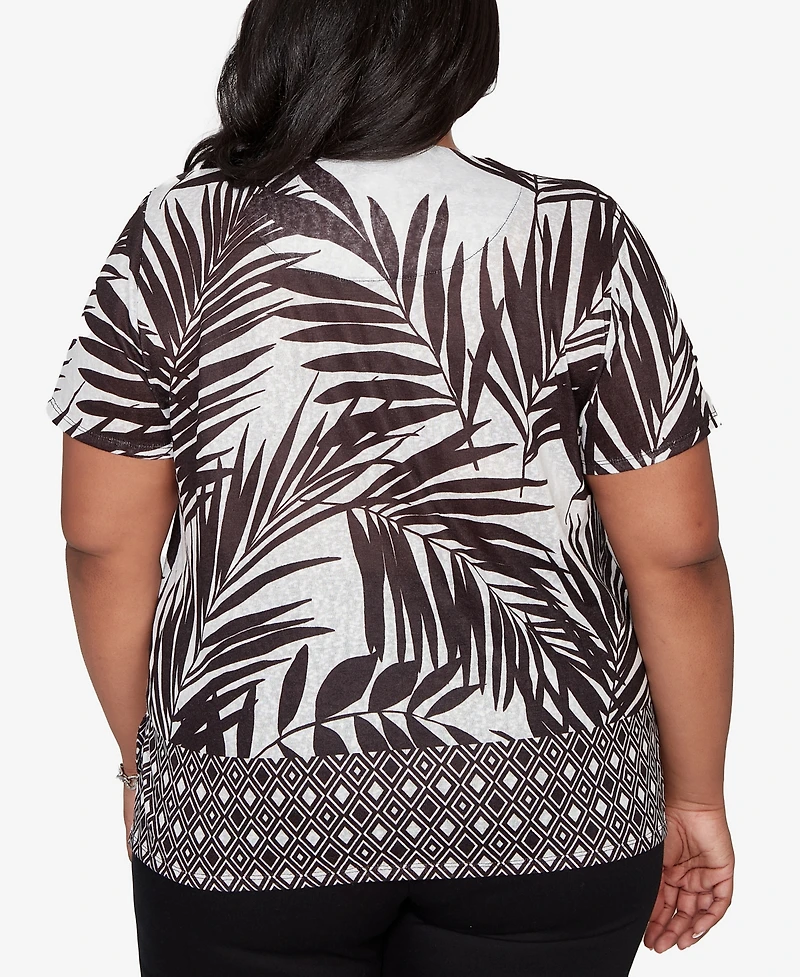 Alfred Dunner Plus Detail Driven Tropical Diamond Border T-Shirt with Necklace