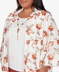 Alfred Dunner Plus Spice Market Paisley Floral Collared Two One Top with Necklace