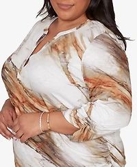 Alfred Dunner Plus Spice Market Marble Print Split Neck Top