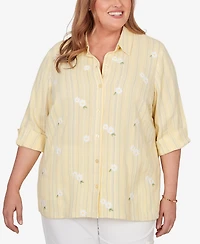 Alfred Dunner Plus Out of the Blue Embroidered Daisy Stripes Button Front Top