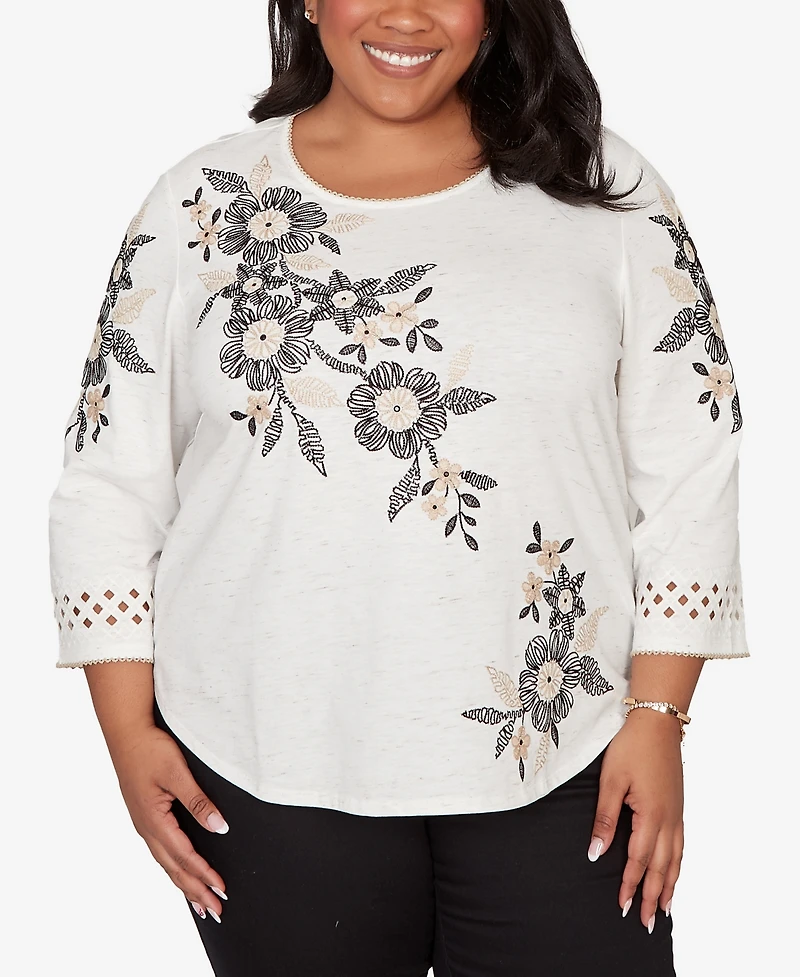 Alfred Dunner Plus Detail Driven Floral Embroidered Textured Top