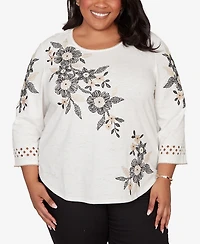 Alfred Dunner Plus Detail Driven Floral Embroidered Textured Top