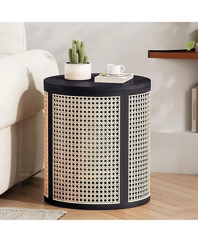 Rainsken Round Solid Wood Nightstand, Hollow Woven Bedside Table, Compact Accent End Table for Living Room, Bedroom, Home Office