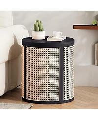 Rainsken Round Solid Wood Nightstand, Hollow Woven Bedside Table, Compact Accent End Table for Living Room, Bedroom, Home Office