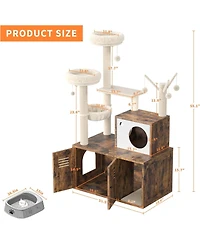 gaomon Litter Box Enclosure with Tree Tower and Condo, Wooden Cat Scratching Posts, Hammock, Hidden Furniture,