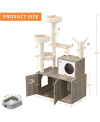 gaomon Litter Box Enclosure with Tree Tower and Condo, Wooden Cat Tower with Scratching Posts, Cat Hammock, Hidden Litter Box Furniture, Wooden
