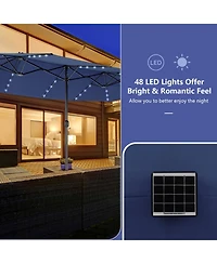 Gouun 15 ft Twin Patio Umbrella with 48 Solar Led Lights and Standby Battery