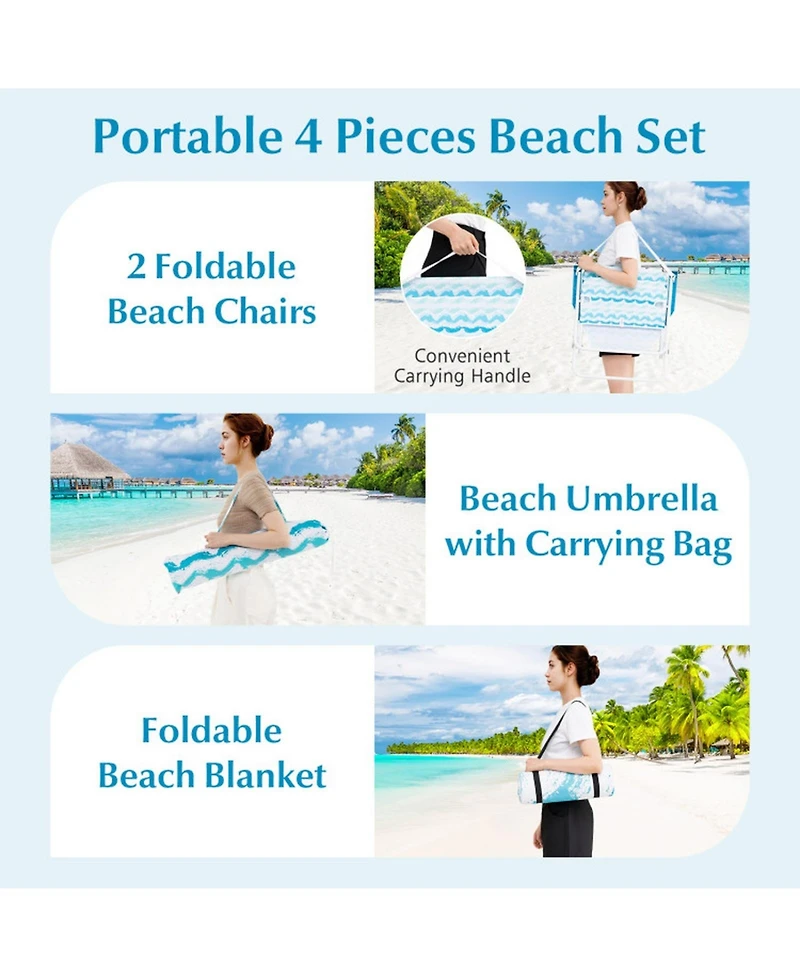 Gouun 4-Piece Beach Umbrella Set with Two Foldable Chairs Upf 50+ Canopy and Picnic Blanket