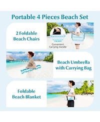 Gouun 4-Piece Beach Umbrella Set with Two Foldable Chairs Upf 50+ Canopy and Picnic Blanket