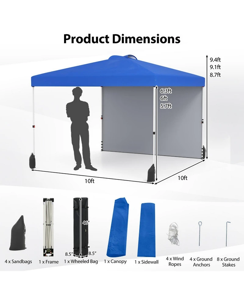 Gouun 10 x 10 ft Pop Up Canopy Tent with Detachable Sidewall and Wheeled Bag